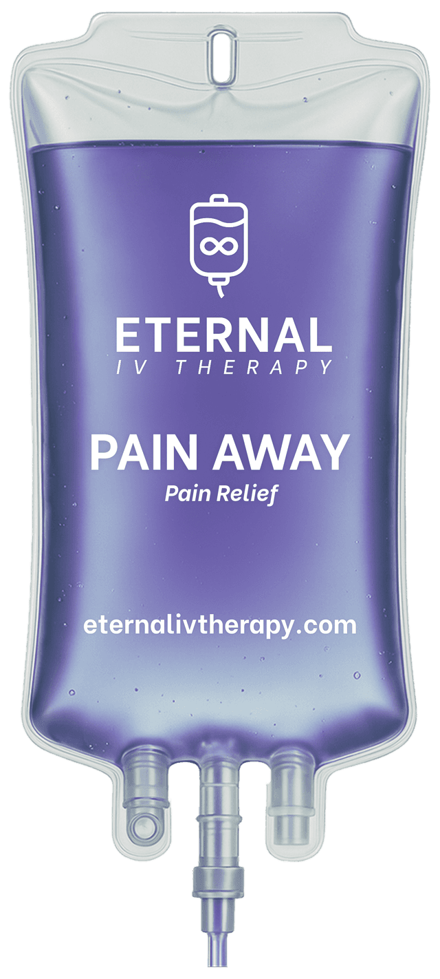 Pain Away IV drip bag with purple fluid and Eternal IV Therapy branding promoting pain relief