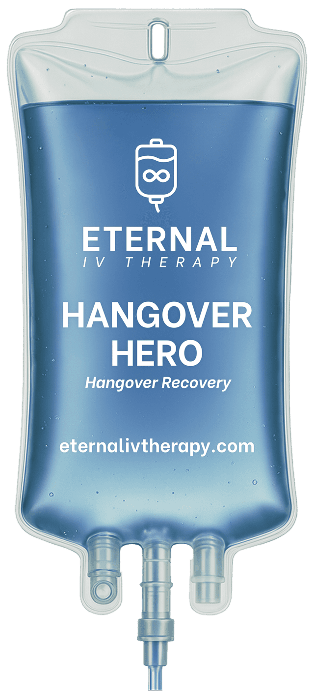Hangover Hero IV drip bag with blue fluid and Eternal IV Therapy branding promoting hangover recovery, hydration support, and mobile IV therapy services
